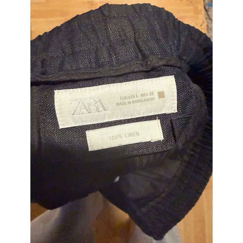 Zara Black 100% Linen Drawstring Pants Womens Size 32 Relaxed Cropped Casual